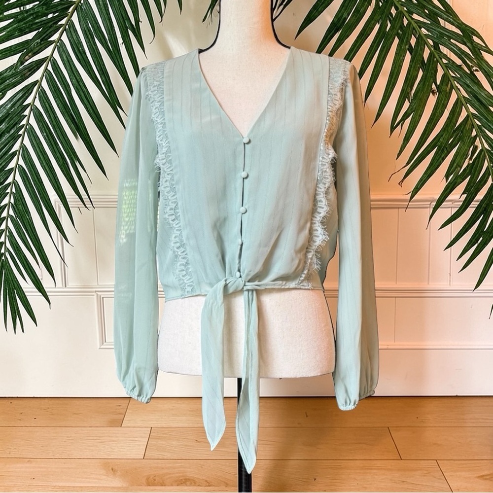 WAYF Sage Green Lace Trim Tie Front Blouse Sheer Sleeve Cropped Top Size Small